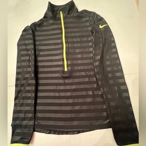 NIKE PRO DRI-FIT YOUTH JACKET.  BLACK ON BLACK STRIPE W/ LIME GREEN ZIPPER/TRIM